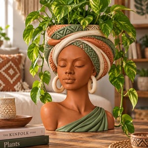 Op de afbeelding: Een terracotta-kleurige hoofd-plantenbak met een persoon met gesloten ogen die een meerlaagse hoofddoek draagt in tinten groen, crème en roest met geometrische patronen. De figuur draagt grote crèmekleurige oorringen en een groen gedrapeerd kledingstuk.