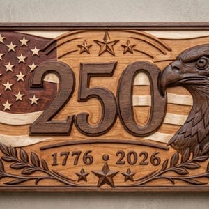 Wooden carved wall art featuring the American flag, the number 250, an eagle, and the years 1776 and 2026. The artwork is framed in a dark brown wood, with the flag in shades of brown and cream.