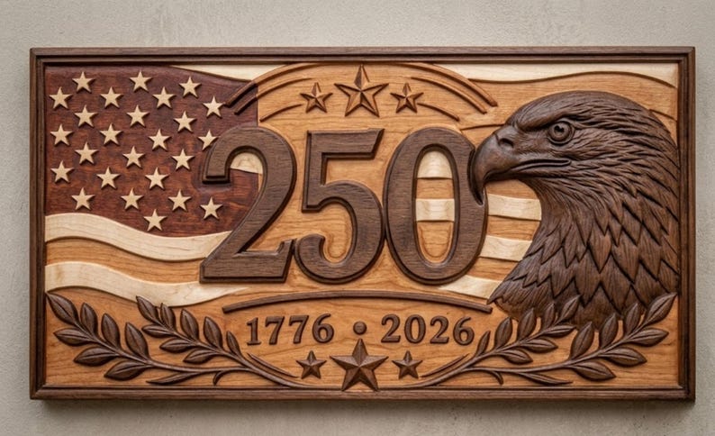 Wooden carved wall art featuring the American flag, the number 250, an eagle, and the years 1776 and 2026. The artwork is framed in a dark brown wood, with the flag in shades of brown and cream.