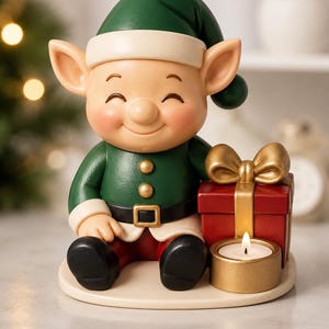 Christmas Elf Tealight Holder 3D Print File | Sitting Elf with Gift Box (Digital Download)