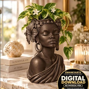 African Woman Planter STL & 3MF | Black Woman Head Pot 3D Print Digital Download