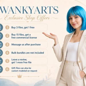 An image promoting "SWANKYARTS" shop offers. A woman with blue hair and a beige suit gestures towards a list of offers, including "Buy 3 files, get 1 free" and "Buy 15 files, get a free commercial license."