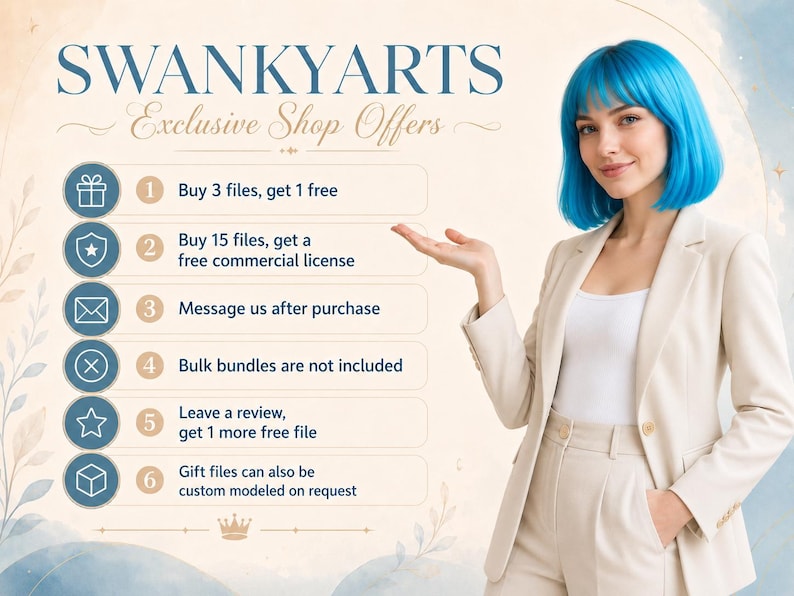An image promoting "SWANKYARTS" shop offers. A woman with blue hair and a beige suit gestures towards a list of offers, including "Buy 3 files, get 1 free" and "Buy 15 files, get a free commercial license."