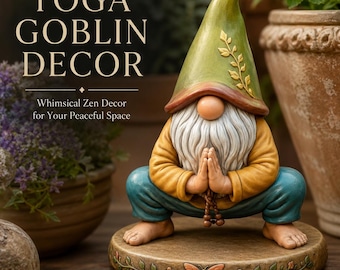 May include: A figurine of a goblin with a long white beard, wearing a green pointed hat with a leaf design, a yellow long-sleeved shirt, and blue pants. The goblin is in a squatting yoga pose with hands pressed together, standing on a round base.