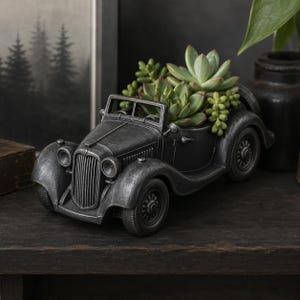 May include: A vintage-style, dark gray car planter filled with green succulents. The planter is a detailed replica of a classic convertible, featuring headlights, a grill, and wheels. The plants add a natural contrast to the metallic finish.