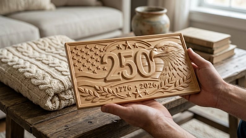 A rectangular wooden plaque with carved details. The design includes the number "250", an American flag, an eagle, and the dates "1776" and "2026". The plaque is held in front of a neutral background.