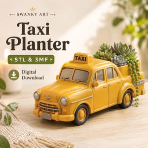 Puede incluir: Una jardinera de taxi amarilla con la palabra "TAXI" en la parte superior. La jardinera está llena de suculentas verdes y grises. También se ve el texto "Taxi Planter" y "Descarga digital".