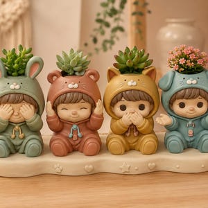 May include: A set of four small planters shaped like children wearing animal-themed hooded onesies in sage green, terracotta, mustard yellow, and dusty blue. Each figure holds a succulent or small flower, all mounted on a single cream base.