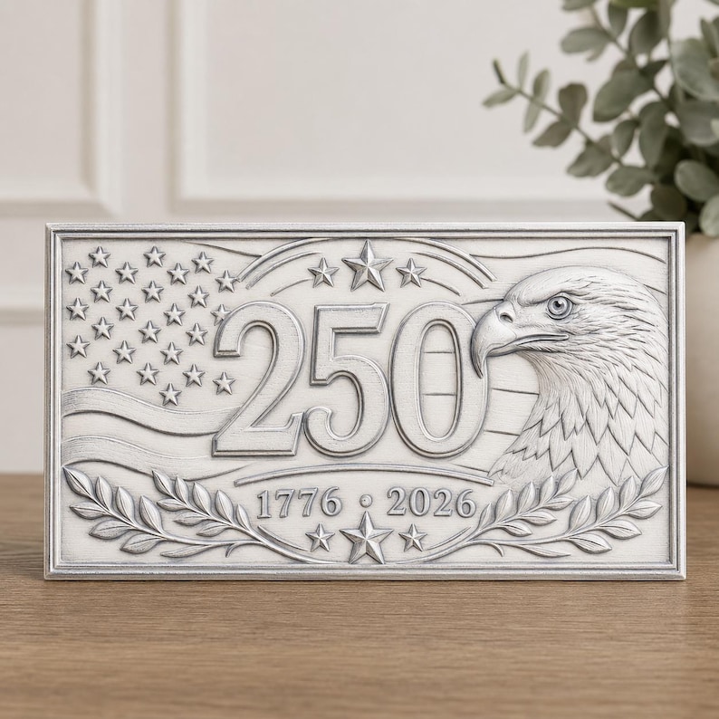 May include: A rectangular silver-toned plaque featuring a relief design of an American flag, a bald eagle head, and the number 250. The text 1776 and 2026 is centered below the number, flanked by stars and laurel leaf branches at the bottom edge.