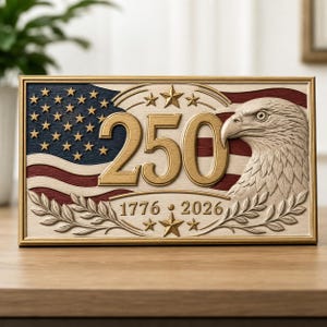 May include: A rectangular commemorative plaque featuring a relief of a bald eagle, the number 250 in gold, and the years 1776 and 2026. The background displays a stylized American flag with stars and stripes in red, white, and blue, accented by gold stars.