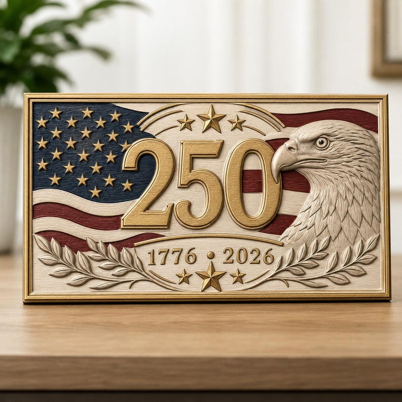 May include: A rectangular commemorative plaque featuring a relief of a bald eagle, the number 250 in gold, and the years 1776 and 2026. The background displays a stylized American flag with stars and stripes in red, white, and blue, accented by gold stars.