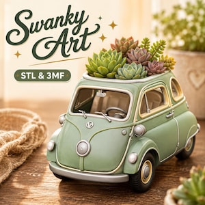 May include: A sage green car-shaped planter filled with various succulents. The planter has a vintage design with a steering wheel and headlights. The text "Swanky Art" is above the planter, and "STL & 3MF" is below it.
