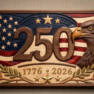 Wooden carved sign featuring the American flag, a bald eagle, and the number "250". The sign includes the years "1776" and "2026", with stars and laurel leaves. The sign is framed in a dark wood.This lovely 3D printable STL file is filled with sweetness and made with love for your 3D printer!