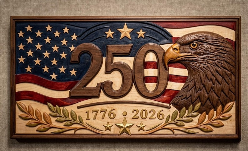 Wooden carved sign featuring the American flag, a bald eagle, and the number "250". The sign includes the years "1776" and "2026", with stars and laurel leaves. The sign is framed in a dark wood.This lovely 3D printable STL file is filled with sweetness and made with love for your 3D printer!