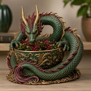Puede incluir: Una escultura de dragón verde y dorado enroscada alrededor de un cuenco decorativo. El dragón presenta escamas texturizadas, cuernos afilados y detalles rojos. El cuenco tiene un patrón de filigrana dorada sobre una base verde con flores rojas oscuras.
