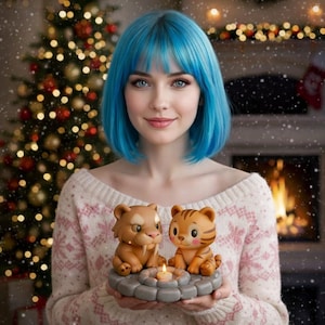May include: A woman with blue hair holds a decorative piece featuring two cartoon animals, a saber-toothed tiger and a tiger, flanking a lit candle. The piece is set against a backdrop of a Christmas tree and a fireplace.