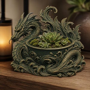May include: A dark green and gold-toned resin planter shaped like a coiled dragon with intricate scale textures and swirling wave-like patterns. The central circular basin holds a cluster of small green succulents and moss, framed by the dragon's body.