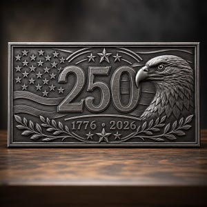 May include: A rectangular silver-toned metal plaque featuring a relief design of a bald eagle, the number 250, and the years 1776 and 2026. The background includes a stylized American flag with stars and stripes, accented by laurel leaf branches.