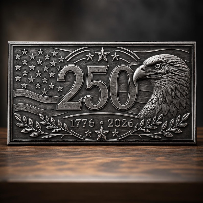 May include: A rectangular silver-toned metal plaque featuring a relief design of a bald eagle, the number 250, and the years 1776 and 2026. The background includes a stylized American flag with stars and stripes, accented by laurel leaf branches.
