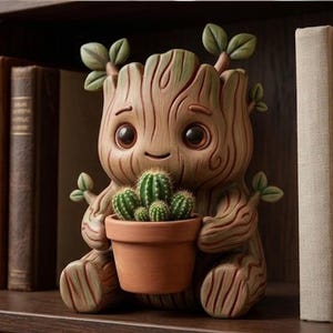 Op de afbeelding: Een grillige, op Groot geïnspireerde plantenbakfiguur, met een kleine terracotta pot met cactussen. De figuur is gemaakt van houtachtig materiaal en heeft een glimlachende uitdrukking. Het staat op een houten plank voor een verzameling boeken.
