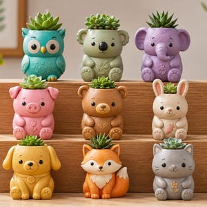 May include: A collection of nine small animal-shaped planters arranged on a tiered wooden stand. Each planter features a different creature, including an owl, koala, elephant, pig, bear, rabbit, dog, fox, and cat, each holding a green succulent.