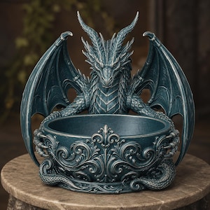 May include: A dark teal decorative bowl featuring a sculpted dragon with large, spread wings positioned behind the basin. The exterior of the bowl is adorned with intricate, raised scrollwork patterns and the dragon has detailed scales.