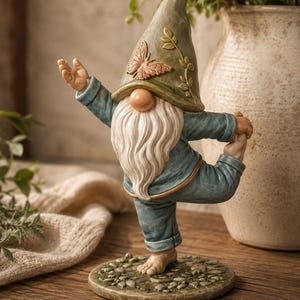Könnte beinhalten: Eine Zwergenfigur auf einem runden, steinstrukturierten Sockel in einer Yoga-Pose. Der Zwerg trägt eine gedeckte grüne Zipfelmütze mit Schmetterlings- und Rankenrelief sowie ein blaues langärmeliges Outfit. Er hat einen langen weißen Bart.
