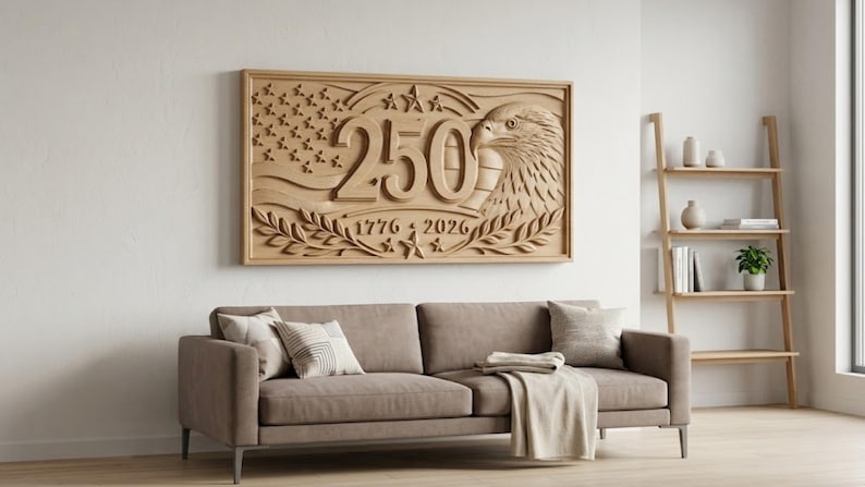 A large, rectangular wooden wall art piece with a carved design. The design includes the number "250", an eagle, the American flag, and the years "1776" and "2026". The art is mounted above a brown sofa with pillows.