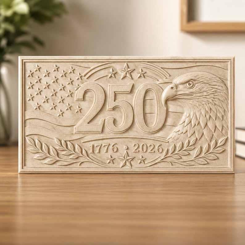 May include: A rectangular beige plaque featuring a relief carving of an eagle, the number 250, and the years 1776 and 2026. The design includes a field of stars, wavy lines representing a flag, and laurel leaf accents along the bottom border.
