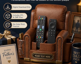 May include: A brown leatherette remote control organizer shaped like a miniature armchair, with two remote controls inside. The text "Father's Day Gift" is at the top, and "Happy Father's Day" is on a card. The organizer has a space for personalized text.