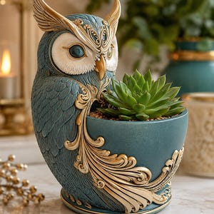 May include: A teal and gold owl-shaped planter featuring intricate scrollwork details on the wings and base. The owl has a white facial disc with dark eyes and a yellow beak. A green succulent plant is potted inside the circular container.
