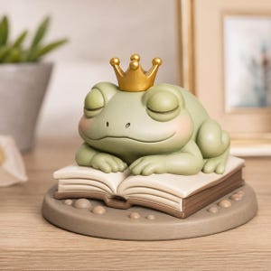 May include: A light green frog figurine with closed eyes and pink cheeks, wearing a small gold crown. The frog rests its arms on an open book, which is set upon a circular base decorated with small, smooth, round stones in a neutral color.