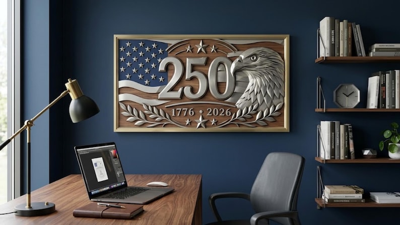 A wooden wall art piece featuring the American flag, an eagle, and the number 250. The artwork is framed in gold and includes the years 1776 and 2026. The piece is displayed on a dark blue wall.