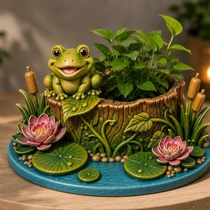 Puede incluir: Una maceta decorativa con forma de tronco de árbol con una rana verde sentada encima. La base presenta una superficie azul que simula agua con flores de loto rosas, nenúfares verdes y espadañas marrones. Una pequeña planta crece en el centro.