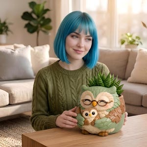 May include: A whimsical owl-shaped planter in shades of green, brown, and cream, holding a smaller owl. The planter features a succulent plant and is adorned with glasses. The product is sitting on a wooden table.