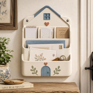 May include: A cream-coloured wall-mounted house-shaped organiser featuring a blue roof, a blue door, and small heart accents. It includes three upper compartments for notes and a larger lower pocket for mail, envelopes, and keys, with green leaf motifs.