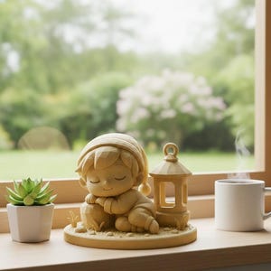 Peut inclure: Une scène sereine avec une figurine beige d'un enfant endormi, une petite lanterne, une tasse blanche et une plante succulente en pot. La figurine est le point central, avec une expression paisible. La tasse contient une boisson chaude.
