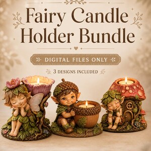 以下が含まれることがあります： 妖精のフィギュアが付いた3つの装飾用キャンドルホルダー。テキストには「SWANKYARTS」、「Fairy Candle Holder Bundle」、「DIGITAL FILES ONLY」、「3 DESIGNS INCLUDED」と書かれています。花を持つ妖精、どんぐり、キノコの家のフィギュアが含まれています。