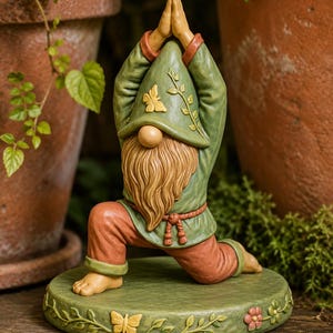 Könnte beinhalten: Eine Gartenzwerg-Figur in einer Yoga-Ausfallschritt-Pose mit über dem Kopf zusammengeführten Händen. Der Zwerg trägt eine grüne Zipfelmütze mit Schmetterlings- und Rankenrelief, eine grüne Tunika und eine rostfarbene Hose auf einem runden Sockel.