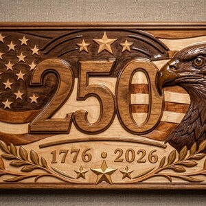 A wooden plaque with a carved design featuring an American flag, an eagle, and the number 250. The plaque includes the years 1776 and 2026, and is framed in a dark wood.