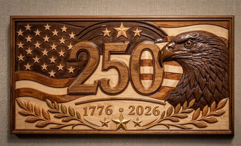 A wooden plaque with a carved design featuring an American flag, an eagle, and the number 250. The plaque includes the years 1776 and 2026, and is framed in a dark wood.