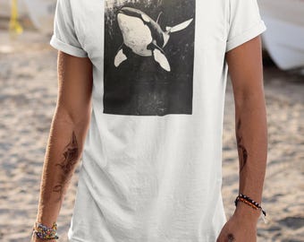 Chemise orque, t-shirt en coton art baleine - cadeau respectueux de l'environnement, chemise pour amoureux de l'océan, tenue de journée à la plage, vêtements pour passionné de nature, t-shirt observation de baleines