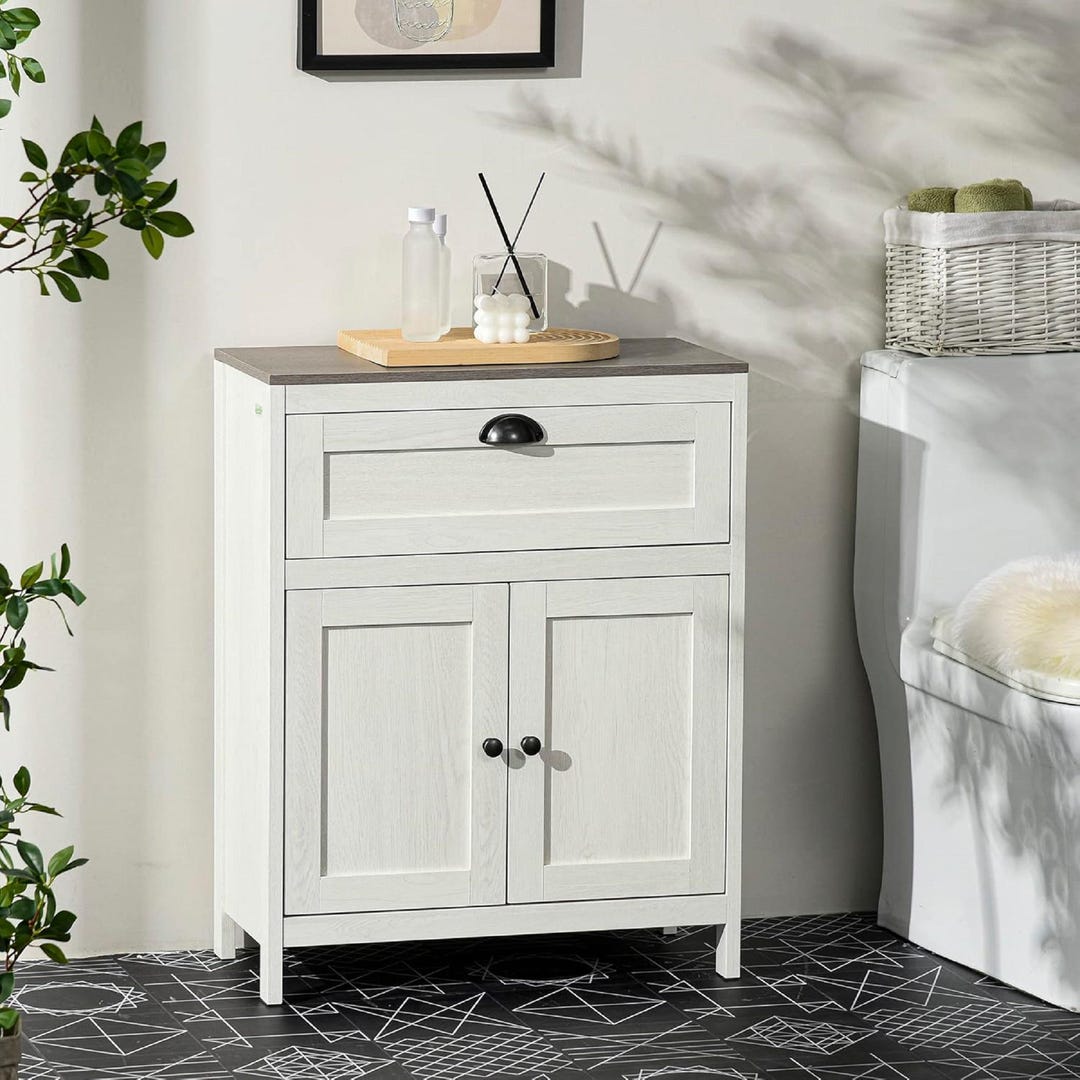 White Bathroom Floor Cabinet Freestanding Storage Cupboard With Drawer ...