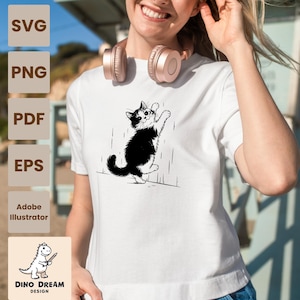 Cute Cat Climbing Wall – Hand-Drawn Flat Style Clipart, Cute Cat Wall Art, Pet Lover Gift, SVG File, Printable PNG, Cat Design