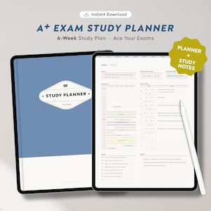 Peut inclure: Un planificateur d'étude numérique avec le texte "A+ EXAM STUDY PLANNER" et "6-Week Study Plan Ace Your Exams". Le planificateur est ouvert sur un emploi du temps et une liste de tâches. Un stylet repose sur l'écran. Un planificateur physique est également visible.
