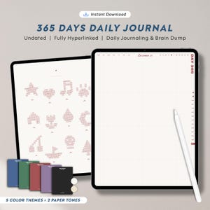 Könnte beinhalten: Ein digitales 365-Tage-Tagebuch, dargestellt auf zwei Tablets mit einem weißen Eingabestift. Der Bildschirm zeigt ein Rasterlayout mit verpixelten Symbolen und eine Seite mit dem Datum 31. Dezember. Fünf kleine rechteckige Einbände sind abgebildet.
