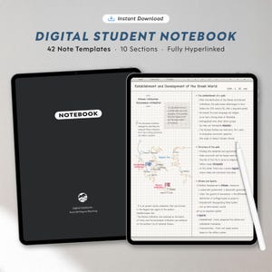 Cuaderno digital con hipervínculos, 10 secciones, 42 plantillas de notas, notas para estudiantes en iPad, minimalista.