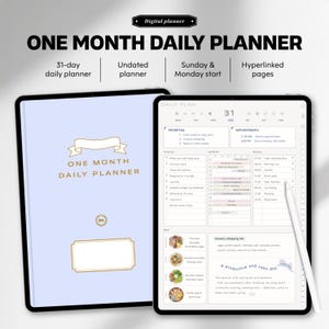 Könnte beinhalten: Ein digitaler Planer mit dem Text "ONE MONTH DAILY PLANNER" in Schwarz. Der Planer enthält Abschnitte für die Tagesplanung, Termine und eine Einkaufsliste. Der Planer wird auf einem Tablet mit einem Stift angezeigt.