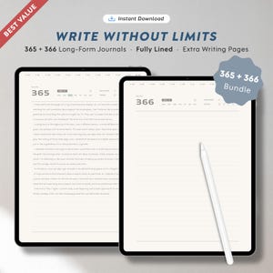 Może przedstawiać: Pakiet cyfrowych dzienników z tekstem "WRITE WITHOUT LIMITS". Zestaw zawiera dwa cyfrowe dzienniki, jeden oznaczony "365" i drugi "366", z w pełni liniowanymi stronami. Biały rysik spoczywa na ekranie jednego z dzienników.