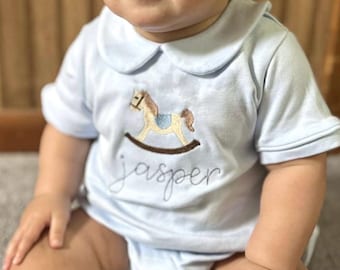 Boy&#39;s personalized, embroidered rocking horse Peter Pan bubble